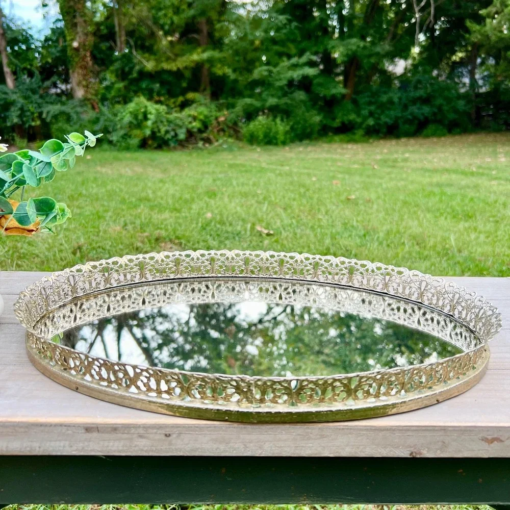 Vintage Oval Gold Filigree Vanity Mirror Tray